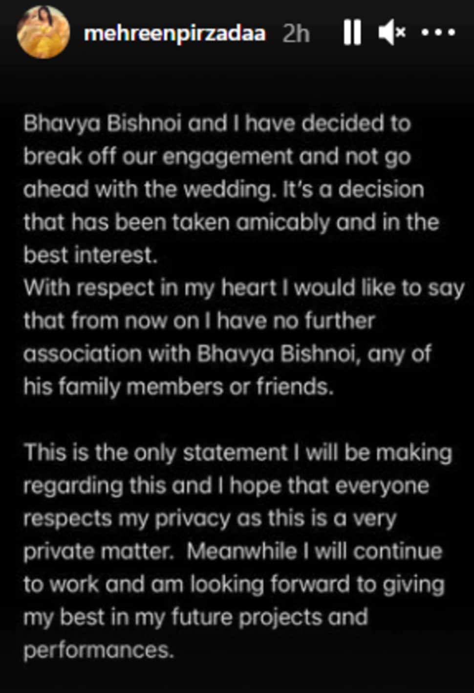 mehreen pirzada statement bhavya bishni